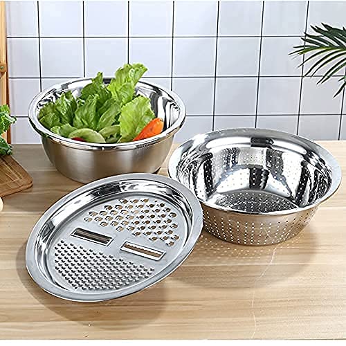 Akiba store Stainless Steel Mirror Finish 3-in-1 Multipurpose Drain Basket- Grater- Basin Bowl; Vegetable Slicer For Kitchen Cutting|for Fruits And Other Items|Outer Diameter- 26 Cm,Silver 2