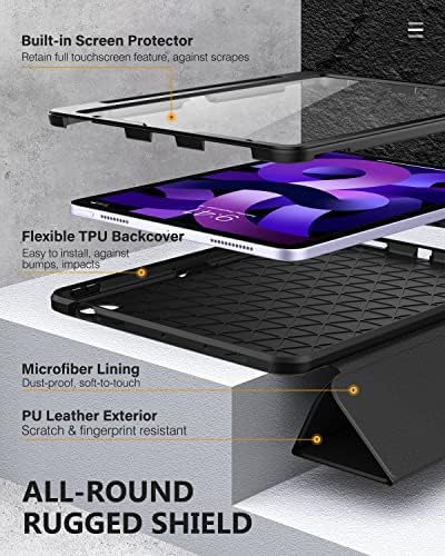 MoKo Case Fit iPad Air 5th/4th Generation 10.9 2022/2020, [Support Touch ID] [Built-in Screen Protector] Full-Body Shockproof Case Smart Shell Stand Cover with Auto Sleep/Wake & Pencil Holder,Black