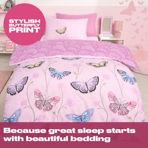 Dreamscene Single Duvet Cover Set, Ultra Soft Warm Cosy Vibrant Purple Butterfly Design Girls Bedding Sets Luxurious Reversible Quilt Single Duvet Set with Pillowcase