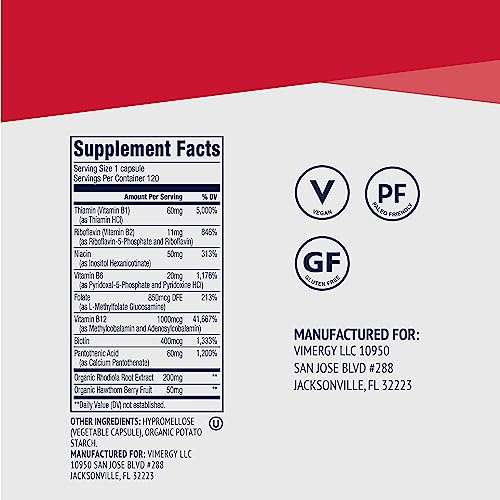 Image of Vimergy Adapto B Complex, 120 Servings - High Potency with 8 B Vitamins, Rhodiola & Hawthorn Berry - Supports Mental Energy, Cognition, Mood - Non-GMO, Kosher, Vegan, No Gluten, No Soy (Pack of 2)