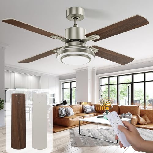 DWVO Ceiling Fan with Light Remote Control 52in, 4 Blade Ceiling Fan Light Fixtures Modern Reversible Brushed Nickel 6 Speeds, 3 Color Temperatures, Quiet DC Motor for Bedroom Living Room