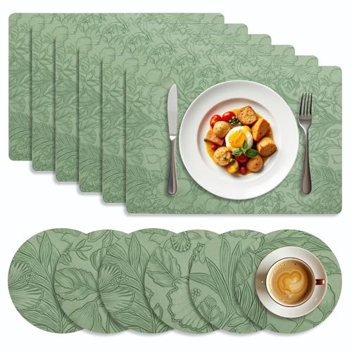Placemats and Coaster Sets of 6, Washable Non-Slip Table Mats 30x43 cm, Heat Resistant Wipeable Dining Table Mats for Kitchen, Outdoor, and Modern Boho Homes (Green)