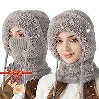 3 in 1 Beanie Hat with Scarf and Mask, 3 in 1 Beanie Hat for Women, 3 in One Hats with Gloves (1, Gray)