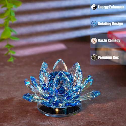 Image of FengShui Crystal Lotus Flower Showpiece & Paperweight | Vastu Decor for Home & Office | Desk Decoration | Feng Shui Items for Good Luck, Home Decor & Gifting | Blue (Medium-10.5 x 5.5 CM)