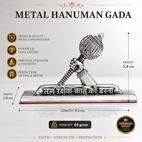 Image of Hanuman Gada Idol for Car Dashboard (Height - 5.5cm)| Bajrangbali /Anjaneya with inchTum Rakshak Kahu Ko Darna inch Quote | Gold Plated Vastu Protection Showpiece & Spiritual Gift (Antique Silv)