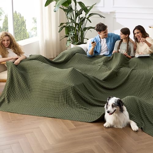 Image of Bedsure Cooling Cotton Waffle Oversized King Blanket - Lightweight Breathable Rayon Derived from Bamboo for Hot Sleepers, Luxury Throws for Bed and Sofa, Olive Green, 120x96 Inches