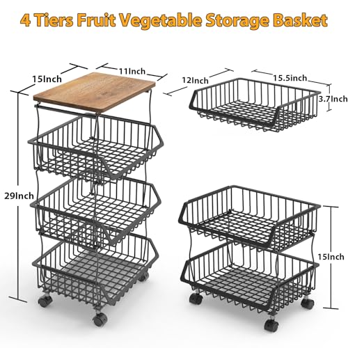 Newzealkids Fruit Basket for Kitchen 4 Tier Stackable Fruit Vegetable Storage Baskets with Wheels Metal Wire Storage Basket Organizer Cart for Kitchen Livingroom Diningroom Office, Black - Thumbnail 3