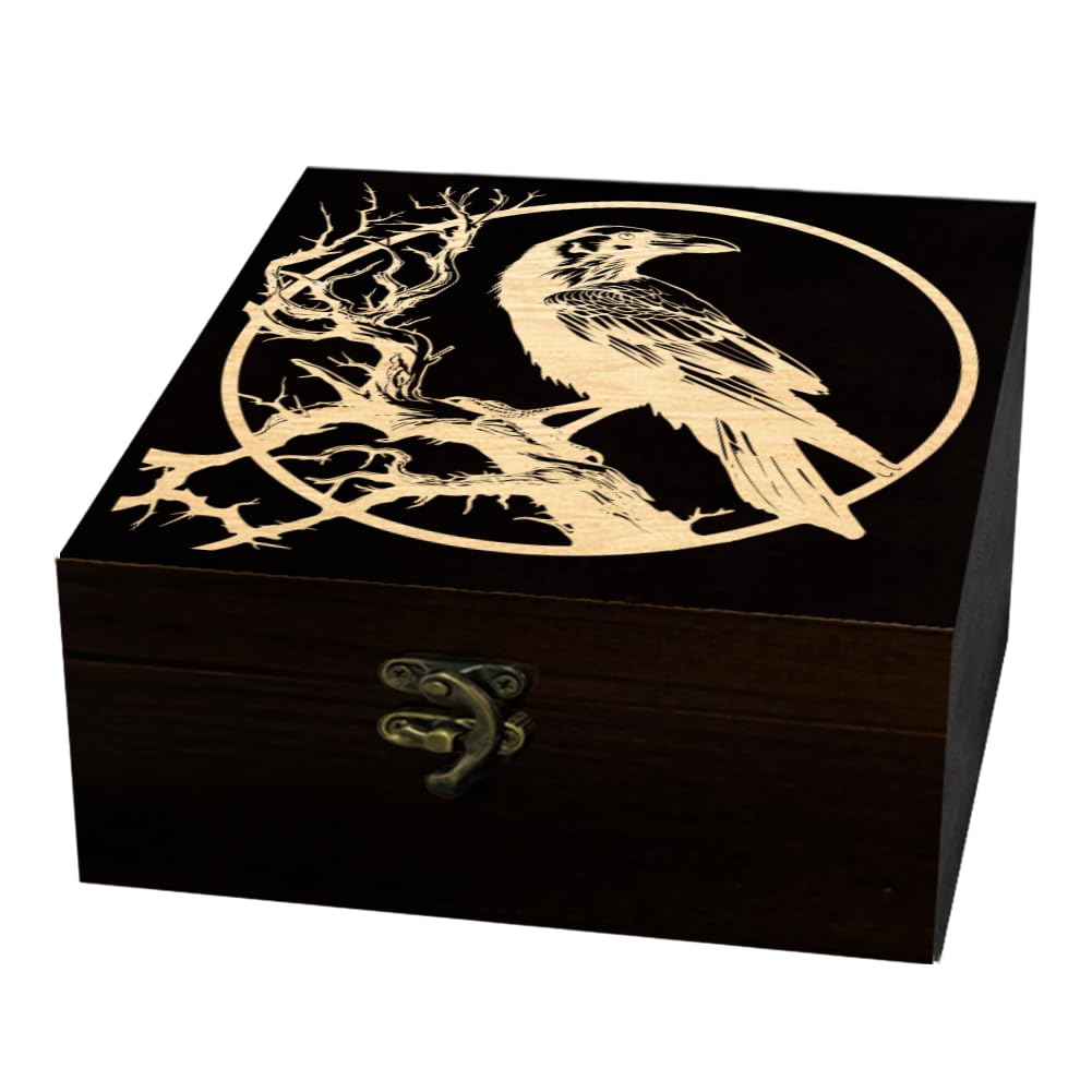 arricraft 1 Pc Wooden Keepsake Storage Box, Raven Branch Full Moon Pattern Square Pine Memory Box for Anniversary Jewelry Board Storage 12x12x6cm (4.72x4.72x2.36 inches)
