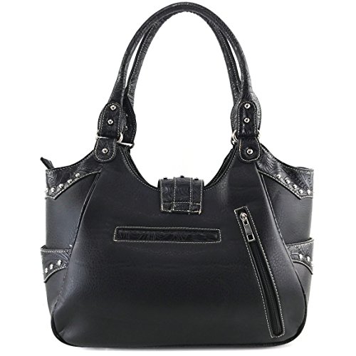 Justin West Western Floral Embroidery Studs Bling Rhinestone Buckle Shoulder Concealed Carry Handbag Purse (Black Large Tote)3