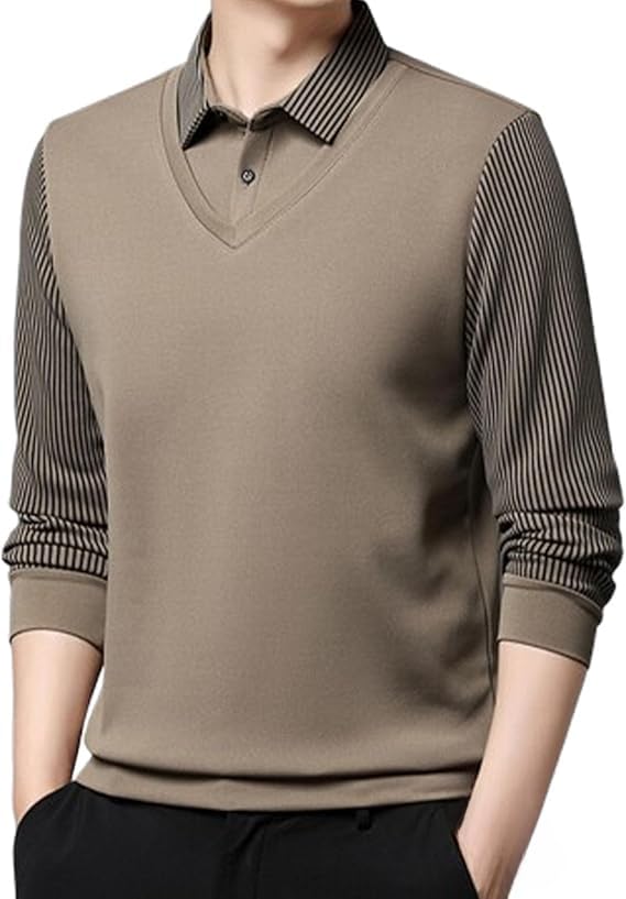 Fastoneby Men's Faux Two-Piece Long Sleeve Top, Long Sleeve Striped Lapel Knitted Shirt for Men