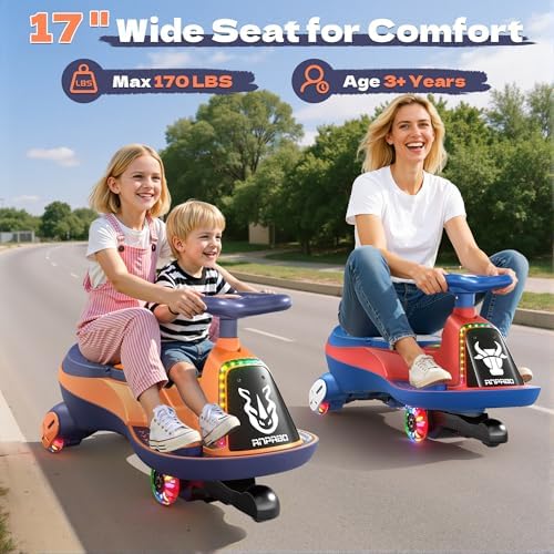 ANPABO 12V Electric Wiggle Car for Kids, 2 Seater 2 in 1 Swing Car with Pedal, 2 x 75W Motors, 2 Speeds Ride On Toy, Bluetooth, Flashing Wheels, Anti-Rollover, 170 Lbs Max Load, Ages 3+, Orange — view 2