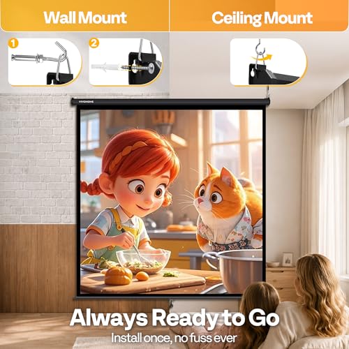Image of VIVOHOME 120 Inch 1:1 Pull Down Projector Screen, Black | Manual Retractable 4K Projection Screen for Home Theater, Roll Up ALR Movie Screen for Ceiling and Wall Mount