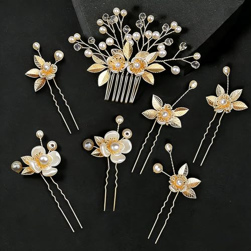 7 Pieces decorative Leaf Bridal Hair Pins, Gold hair accessories for women wedding Headpiece Hair Jewelry with Pearl for Bride Bridesmaids Flower Girls