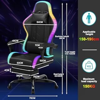 Devoko Chaise Gaming Ergonomique avec LED RGB, Massage Lombaire & Repose-Pieds – Fauteuil Gamer avec Appui-tête réglable – Dossier inclinable & Hauteur Ajustable – 180 kg – Noir