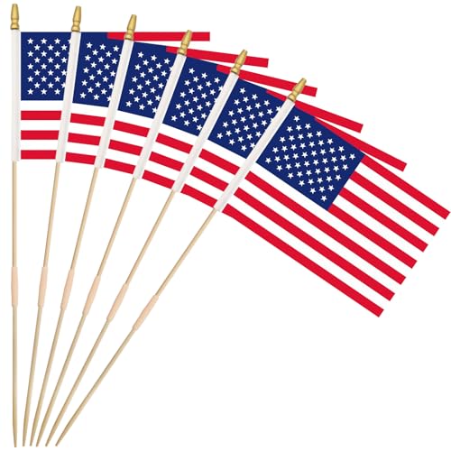 Pack of 12, Handheld American Flags 8x12 Inch - Small USA Flags on Wood Sticks, Detachable Flagpole Ground US Stick Flags for Patriotic Parades, Elections, 4th of July, and Memorial Day Decorations