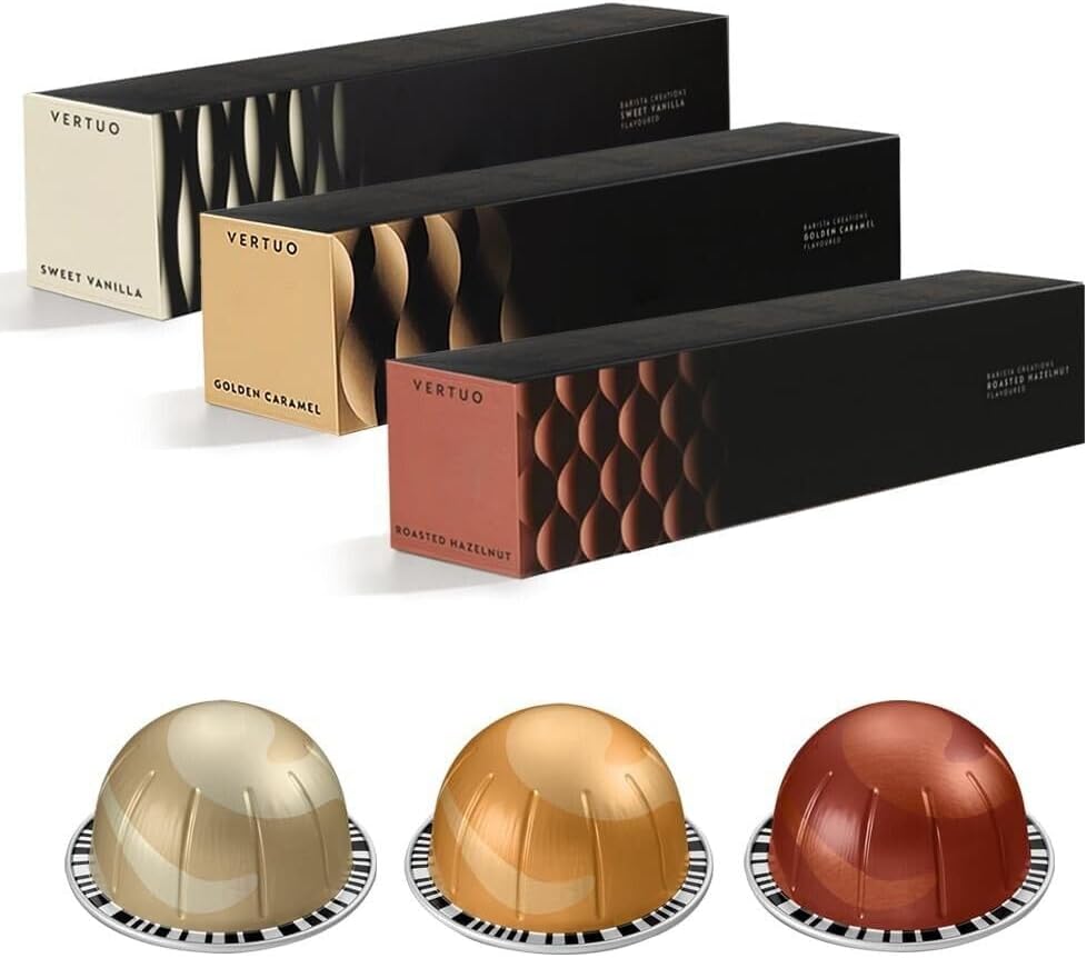 Kaffeekuss Vertuo Line Barista Creations Pack of 3 sleeves: Sweet Vanilla, Golden Caramel, Roasted Hazelnut, 7.77 oz, 30 Coffee Capsules