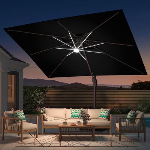 Image of 10' X 13' Patio Umbrella with Weighted Base and LED Lights Outdoor Cantilever Large Rectangle Offset Umbrellas Heavy Duty Aluminum Double Top with 360-degree Rotation for Pool Garden Deck, Black