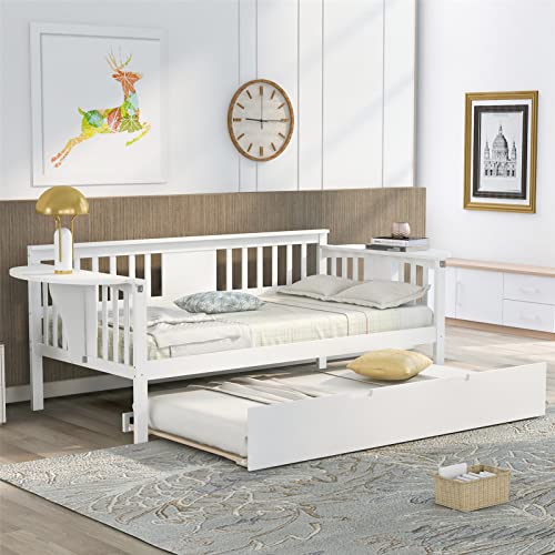 Cama supletoria de lujo con 2 mesas pequeñas y 8 listones de madera, sin resorte de cajón necesario para adultos, dormitorio, salón (blanco, completo) (blanco con cama con ruedas)