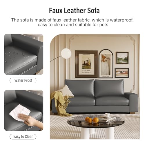 Image of Valthie Faux Leather Couch, Mid Century Modern Comfy Loveseat Sofa with Wide Arm, Side Pockets, Solid Wooden Frame for Office, Living Room and Bedroom, 3 Seater (Gery, 88.58 inches)