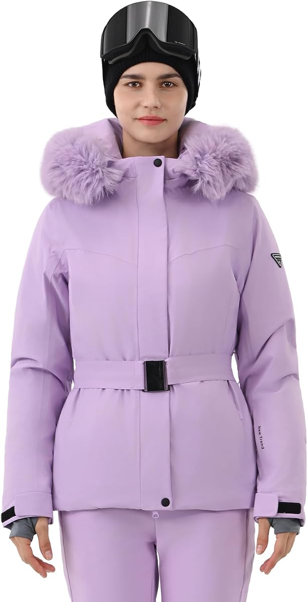 Womens Ski Jacket Fitted Belted Snow Coat with Fur Hood