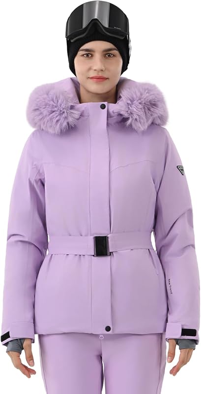 Womens Ski Jacket Fitted Belted Snow Coat with Fur Hood