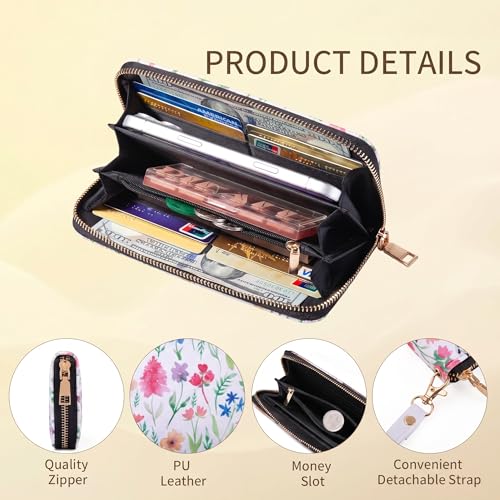Image of Checkered Highland Cow Print Book Wallet For Women Skull Goth Frog Butterfly Ladies Cluth Wristlet Wrist Strap Long Purse Zip Around Card Holder