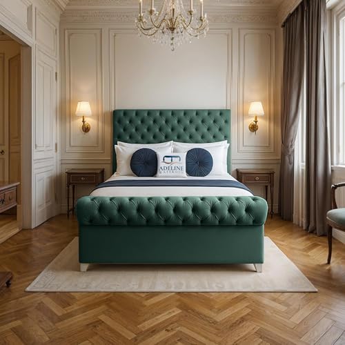 Image of ADELINE WATERSON Mayfair Upholstered Bed - Plush Velvet Headboard & Footboard - Slats Base - Comfortable Bed (Emerald, King - Slats Base, With Mattress)