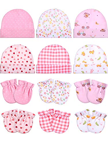 12 Pieces Newborn Mitten and Cap, Included 6 Pieces Newborn Cotton Caps, 6 Pairs Baby No Scratch Mittens Gloves for 0-6 Months Unisex Baby Boys Girls Set (Lovely Styles)