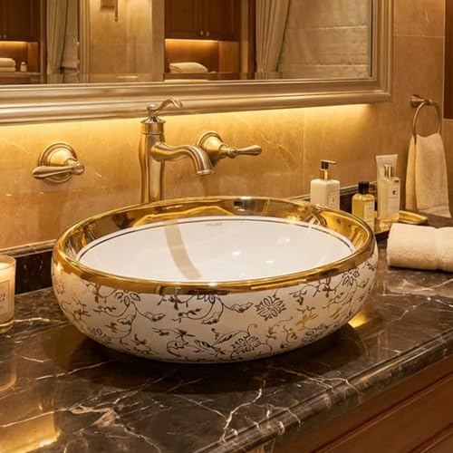 Image of Wallace Premium Countertop Wash Basin 60x40x15 cm | Oval Ceramic Table Top Sink |Interior with Gold Pattern | Luxury Designer Vanity Wash Bowl (White)