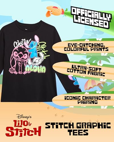 Image of Disney Girls Minnie Mouse and Lilo Cotton Blend Crew Neck Graphic T-Shirt | Officially Licensed, Soft Feel, Relaxed Comfy Fit Kids Love, Fun Character Prints, Great for School, Play and Everyday
