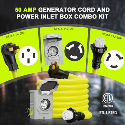 50 Amp Generator Cord 15FT and Power Inlet Box, NEMA 14-50P Male to SS2-50R 125/250V Twist Lock Connector with Pre-Drilled NEMA SS2-50P Generator Inlet Box for Generator to House, ETL Listed