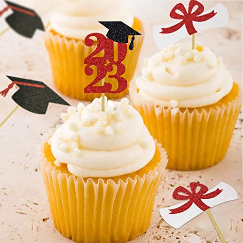 Glitter Graduation Cupcake Toppers Red Party Decorations Class Of Congrats Cake Picks Supplies 24 Pack #TOP3