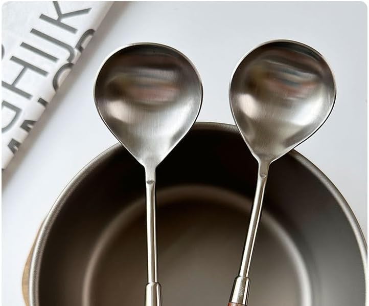 Silverware Set, 1/4/6/8/10/12 Pieces Light Luxury Retro Walnut Cooking Spoon Kitchen Utensils 304 Stainless Steel Household Soup Spoon Restaurant Spoon，Silver-8 Pieces