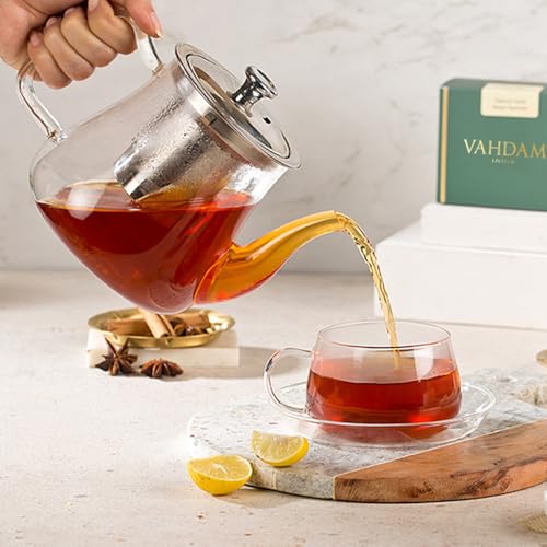 Image of VAHDAM, Premium Borosilicate Glass Tea Pot with Infuser|1000 ml Tea Pot for Loose Tea | Perfect Tea Maker | Stove Safe & Microwave Safe Tea Steeper | Scratch Free Glass Teapot