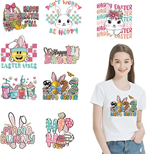 9 Sheets Spring Easter Day Heat Transfer Vinyl HTV Iron on Decals Patches Stickers Egg Bunny Gnomes Stickers Easter Day Iron on Appliques for Pillow Covers Shirt Jackets Hoodies DIY Decoration