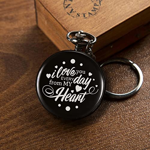 Image of Vintage Gandhi Style Pocket Watch with Engraved Designs & Messages Royal Black Analog for Men Women & Kids Includes Key Ring for car or Bike Keys Ideal Gift