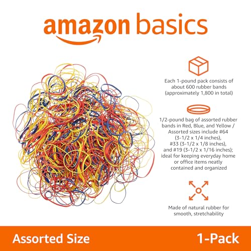 Image of Amazon Basics Assorted Size and Color Rubber Bands, Strong Elastic Stretch Office Supplies, 0.5 lb. Variety Assortment