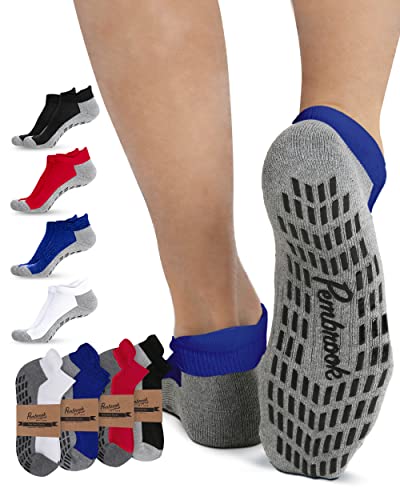 Pembrook Men'S Ankle Length Socks, 4 Pairs - Black, White, Red, Blue, Yoga Socks With Grips For Male, Non Slip Socks With Rubber Treads For Dance cover