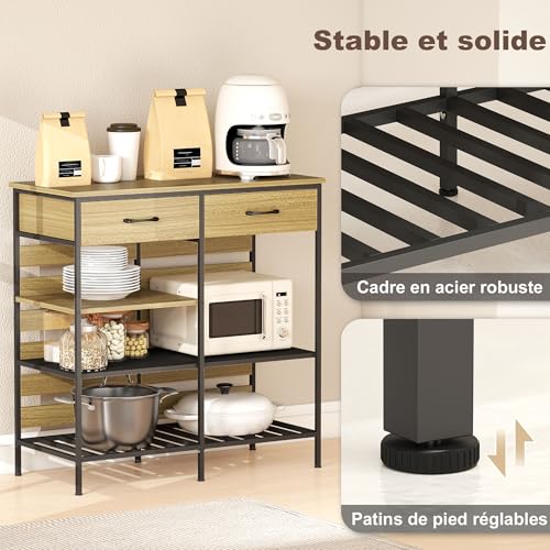 HOMCOM Kredens kuchenny, szafka do przechowywania z 2 szufladami i 3 otwartymi półkami, styl industrialny, stalowa rama, do jadalni, salonu, kuchni, 90 x 40 x 91 cm, naturalne drewno i czarny