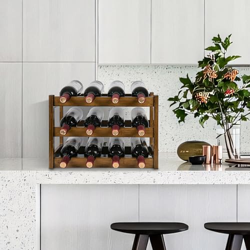 VASMIA Bamboo Wine Rack, Sturdy and Durable Wine Storage Cabinet Shelf, Wine Racks Countertop for Pantry,Kitchen,3-Tier 12 Bottles Wine Rack, Walnut by VASMIA - Image 3