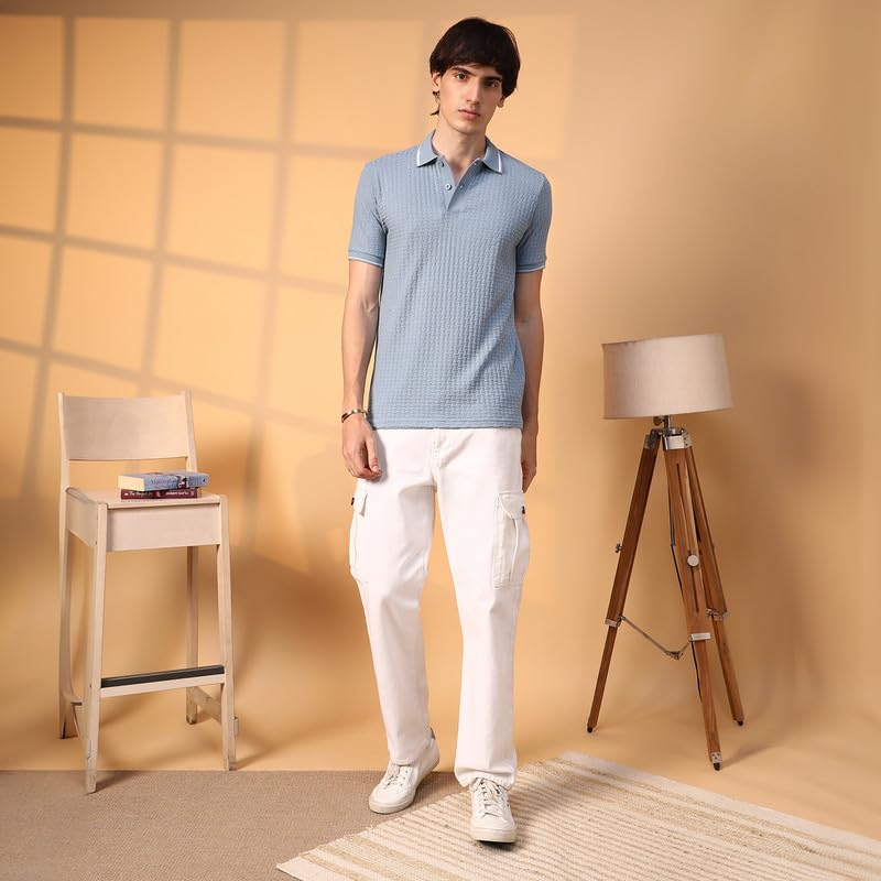 CAHOOT Men's Powder Blue Interweave-Textured Polo T-Shirt for Casual Wear | Polo Neck | Short Sleeve | Half-Button Closure | T-Shirt Crafted with Comfort Fit for Everyday Wear 3