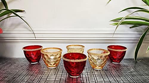 Curio Crafts Red & Gold Glass Tea Light Candle Holders (Set of 6), Votive Candleholder Set for Home Decor, Coffee Table, Gifting, Wedding & Party Decorations
