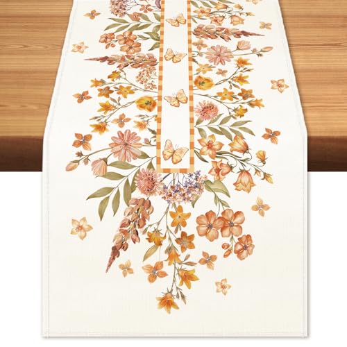 Image of Fall Floral Butterfly Table Runner Wildflower Burlap Table Runners, Autumn Harvest Thanksgiving Seasonal Coffee Table Center Decor for Home Kitchen Dining Party Indoor Outdoor 13x90 Inch