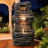 28.8” Tall Rock Water Fountain Outdoor Garden, 3-Tiers Cascading Rock Natural Waterfall Fountains with LED Lights, Indoor Resin Water Feature Fountain for Patio, Backyard, Deck, Porch