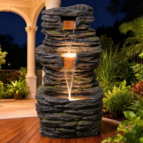 Pivotify 28.8” Tall Rock Water Fountain Outdoor Garden, 3-Tiers Cascading Rock Natural Waterfall Fountains with LED Lights, Indoor Resin Water Feature Fountain for Patio, Backyard, Deck, Porch