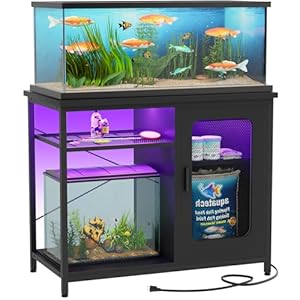 Unikito 20-29 Gallon Fish Tank Stand with Power Outlets & LED Light, Reversible Metal Aquarium Stand with Cabinet for Fish Tank Accessories Storage, Suitable for Reptile Terrarium, Turtle Tank, Black