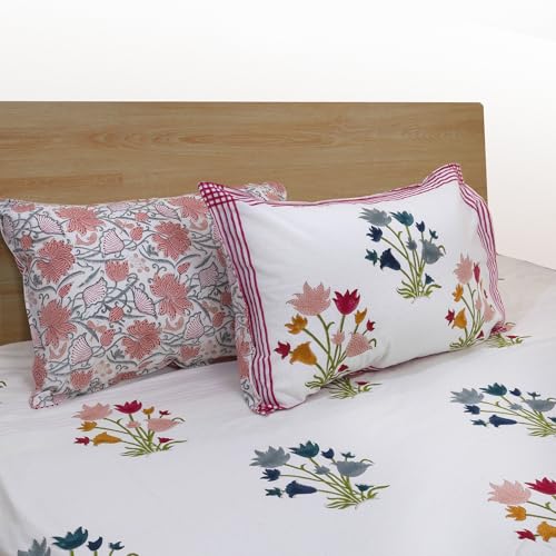 Image of TOAI Hand Block Printed Bedsheet | Bed Sheet Flatsheet | Pure Cotton | Double Bed King Size 108 inchx108 inch | 180 TC Bedsheets | Includes 2 Pillow Covers (Blue Pink Florals On White)