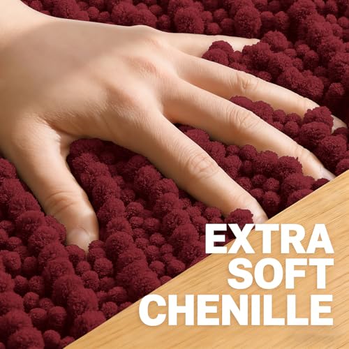 Image of OLANLY Long Bathroom Rugs Runner 47x24, Thick Soft and Absorbent Chenille Bath Mat, Non-Slip, Machine Washable Quick Dry Bath Rugs for Tub Shower Floor, Home Decor Accessories, Burgundy