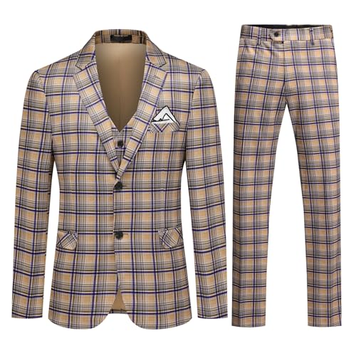 Allthemen Anzug Herren Vintage Kariert Slim Fit 3 Teilig Smoking 2-Knopf für Hochzeit Business Blazer Weste Hose #85 Khaki XL