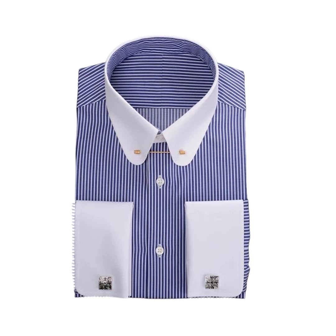 Mens Dress Shirt Long Sleeve Cotton Retro Round Collar Button Down Business Formal Shirt
